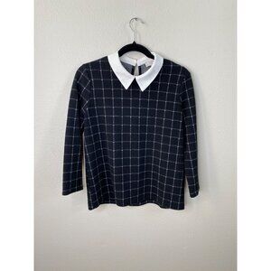 Loft Outlet Womens Petite Black White Grid Print Top With Collar MP Modern Fit